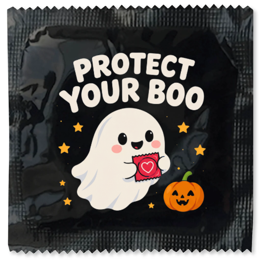 Protect Your Boo Halloween condom foil with cute ghost holding a condom