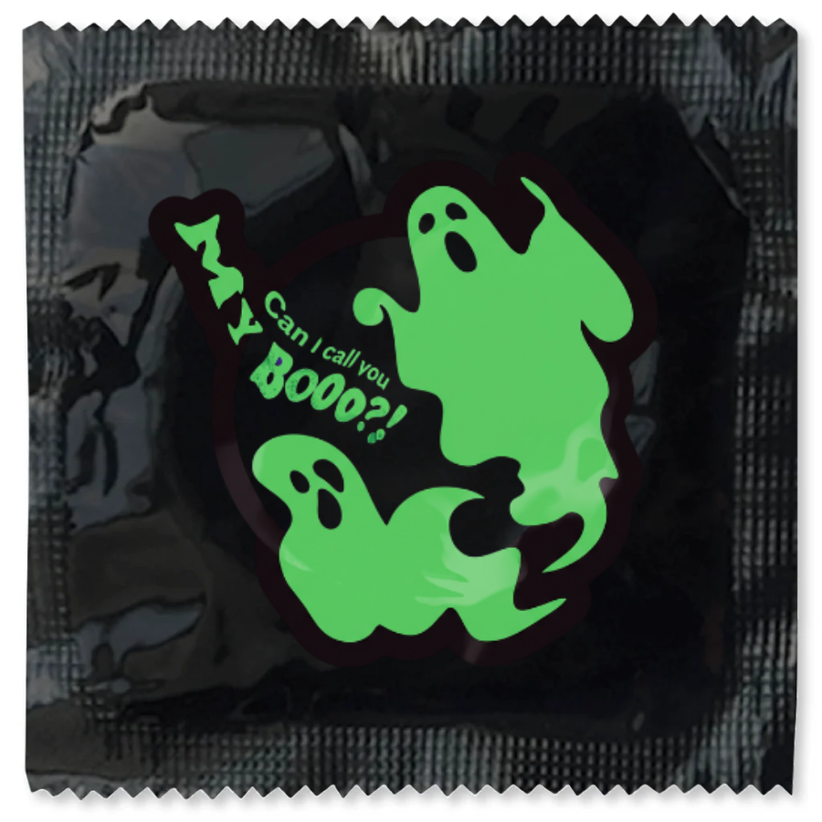 Can I Call You My Boo Halloween condom foil with two green ghosts