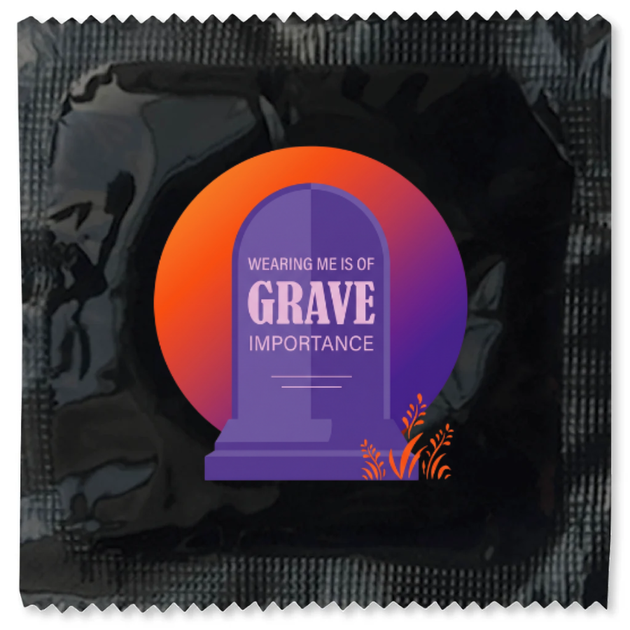 Wearing Me Is of Grave Importance Halloween condom foil with tombstone and full moon